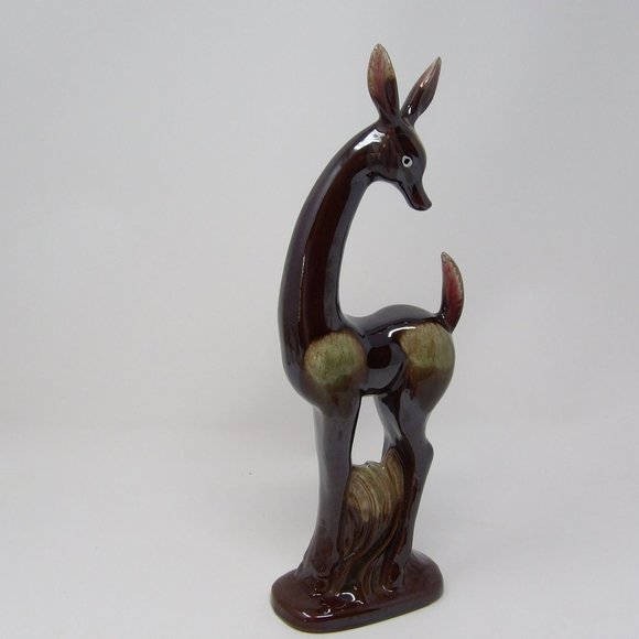 Vintage Tall Thin Art Deco Style Deer Figure Statue Brown Drip Glaze 12 3/4" H x - Picture 9 of 10
